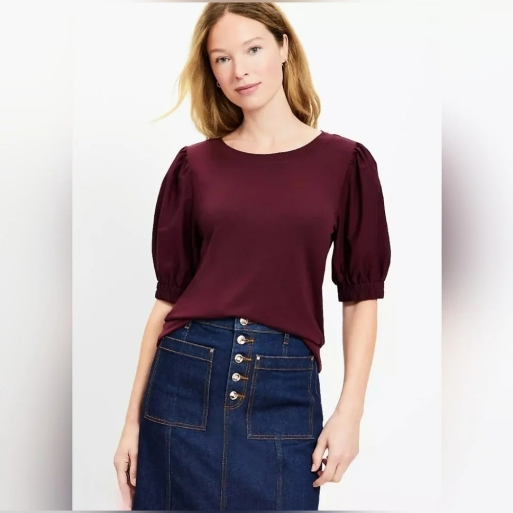 NWT | LOFT | Puff Sleeve Mixed Media Top | Size: Medium | Color: Whisper White